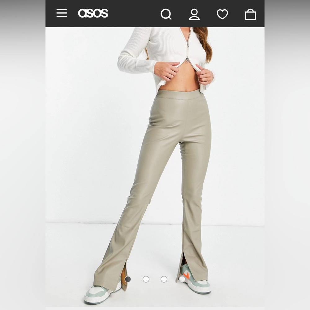 TOPSHOP - faux leather flared pants with slit hem in neutral